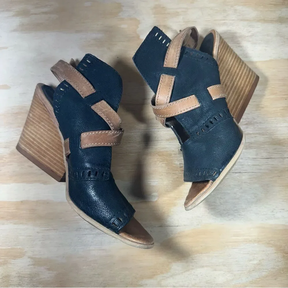 Miz Mooz Kipling Leather Black and Tan Wedge Sandals Women’s Size 7.5